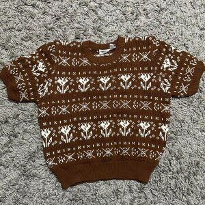 Cottage Core 90s Minimalist Brown Short Sleeve Sweater Size Large Petite